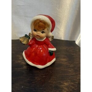 Vintage Ceramic Christmas Angel Figurine In Red Dress w/Red Hair Holding bells